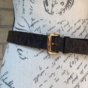 Michael Kors Brown Logo Print Belt Gold Hardware Size Medium